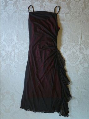 Black Spaghetti-Strap Red Lining Midi Dress Side Ruffle Party Evening Size S, XS